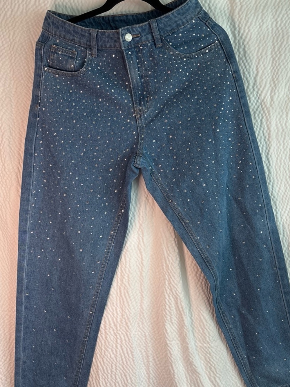 SHEIN Blue Straight Leg Jeans with Rhinestone Accents